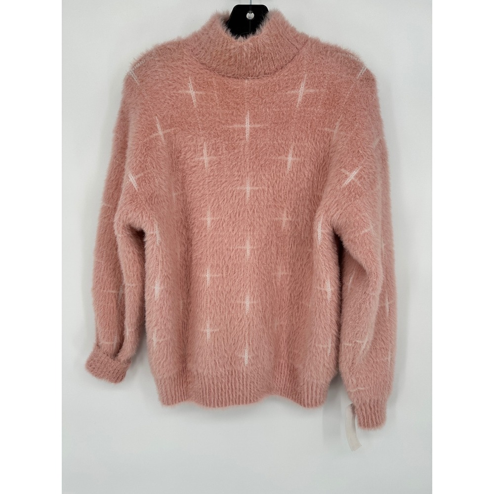 Vestique Pink Eyelash Knit Mock Neck Sweater Grid Pattern Womens Small